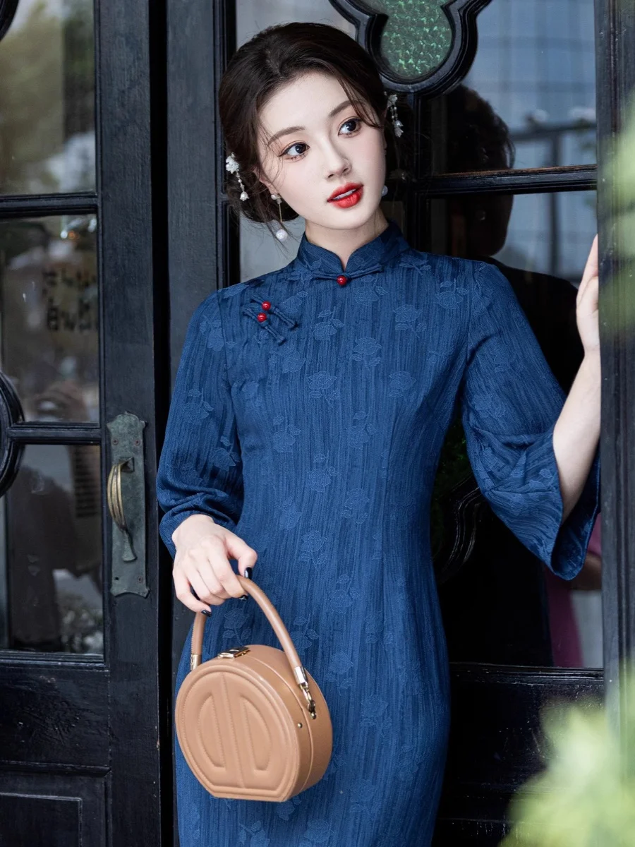 

Синее длинное ципао Ele Blue Young Sle с широкими рукавами, традиционная китайская новая версия, для повседневной носки, из полиэфирного волокна