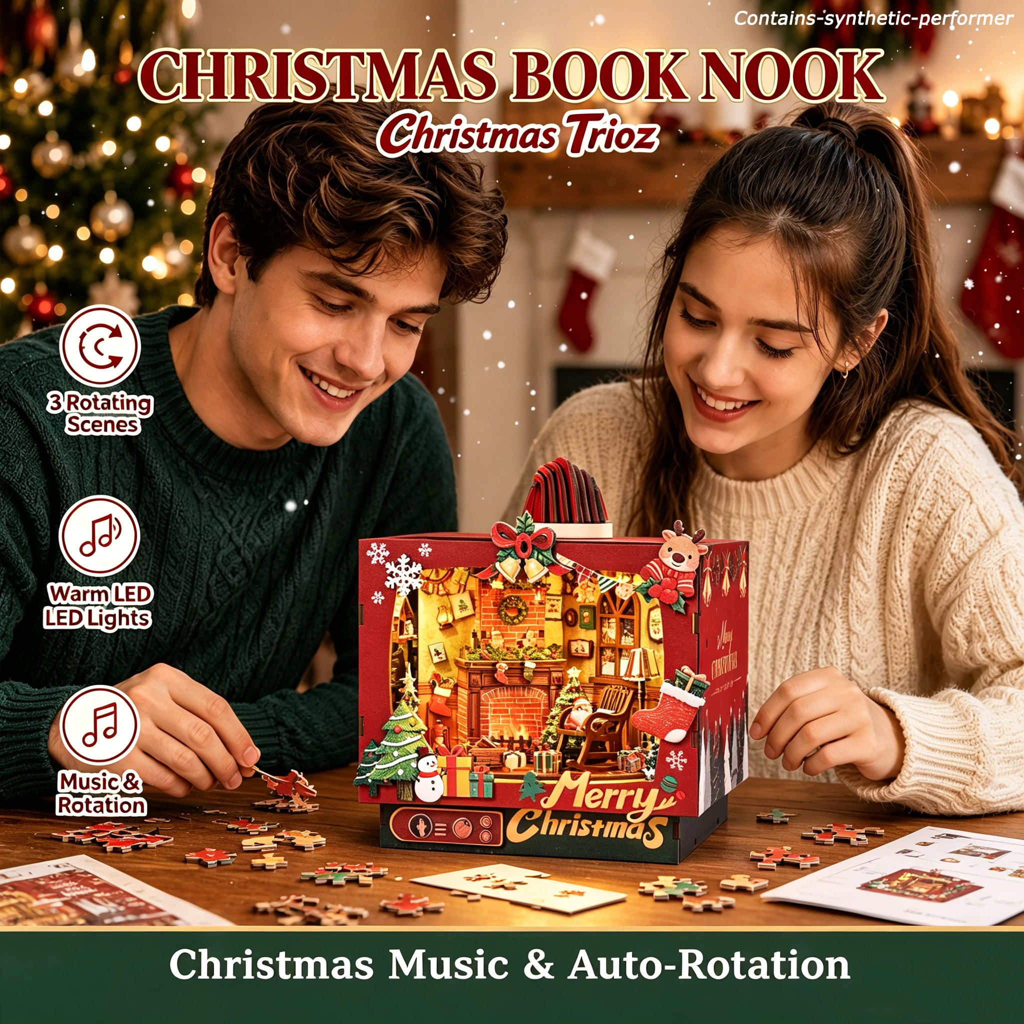 Christmas DIY Book Nook 3D Wooden Puzzle Insert with LED Warm Light Auto Rotation Music Scene Handmade Model Christmas Gifts