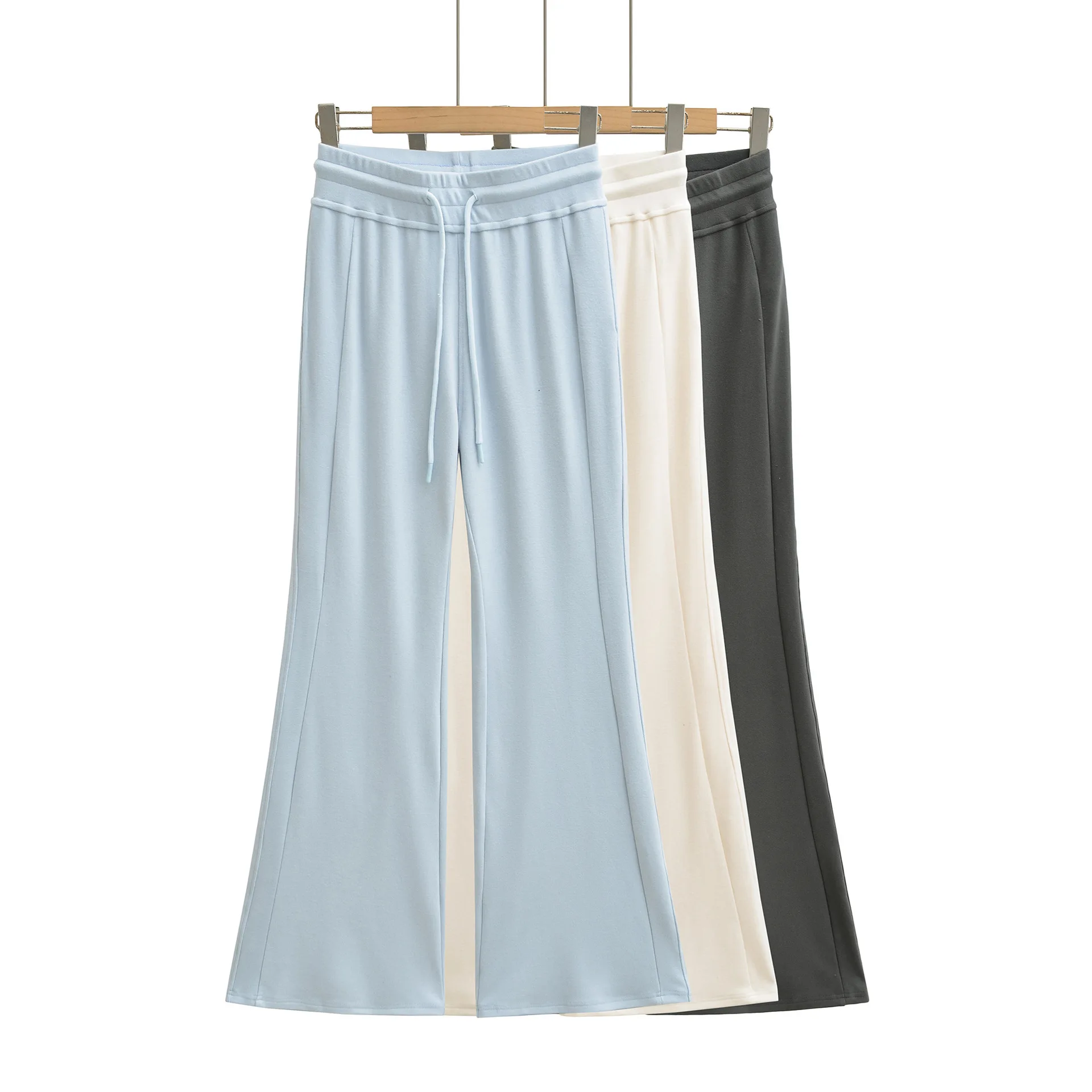 Soft Light Blue Pants For Women High Waist With Drawstring Waistband Casual Daily Wear Solid Color Simple Smooth Long Pants 0KRX