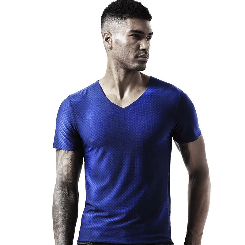 

Ice Silk Traceless short-sleeved T-shirt, men's V-neck summer slim and fitted top, mesh quick-drying sports half-sleeved T-shirt