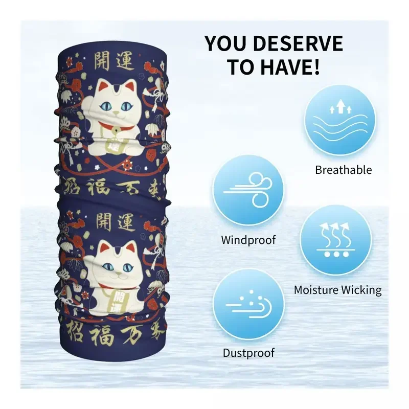 Japoński Maneki Neko Cat With Good Luck Kanji Bandana Neck Gaiter UV Protection Face Scarf Cover Women Headwear Tube Balaclava