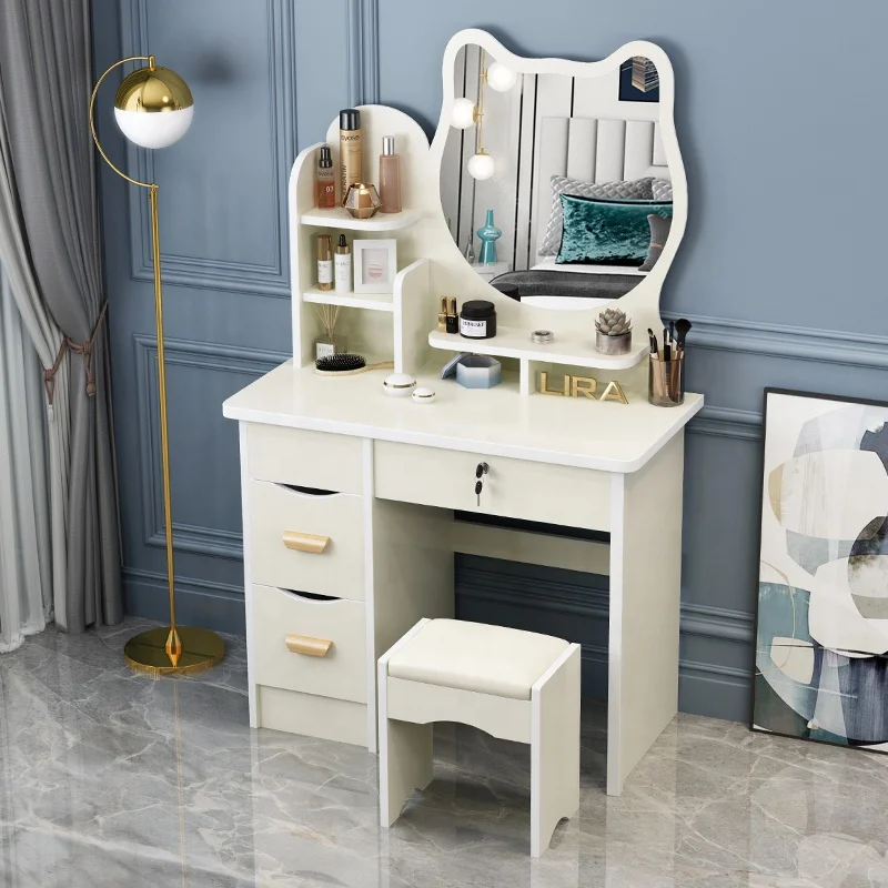 

Simple Designs LED Lights Bedroom Furniture Cheap Price White Modern Dressing Table with Mirror and Stool