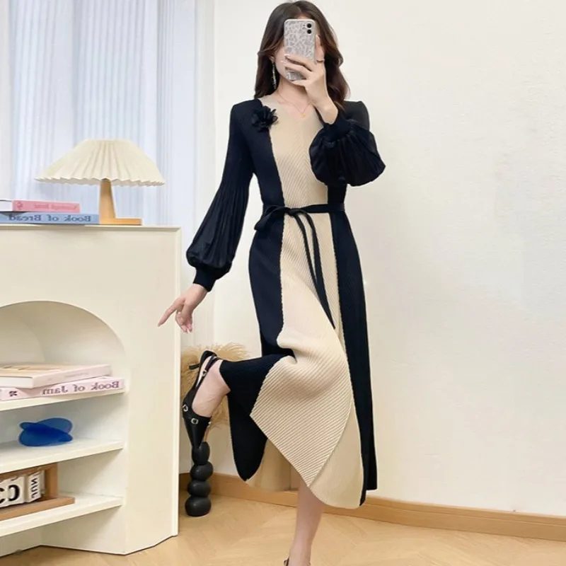 أوروبا جديد مياكي فستان مطوي المرأة طويلة الأكمام مزاجه حجب حجم كبير مطاطا فستان طويل مكتب ركاب الملابس #4