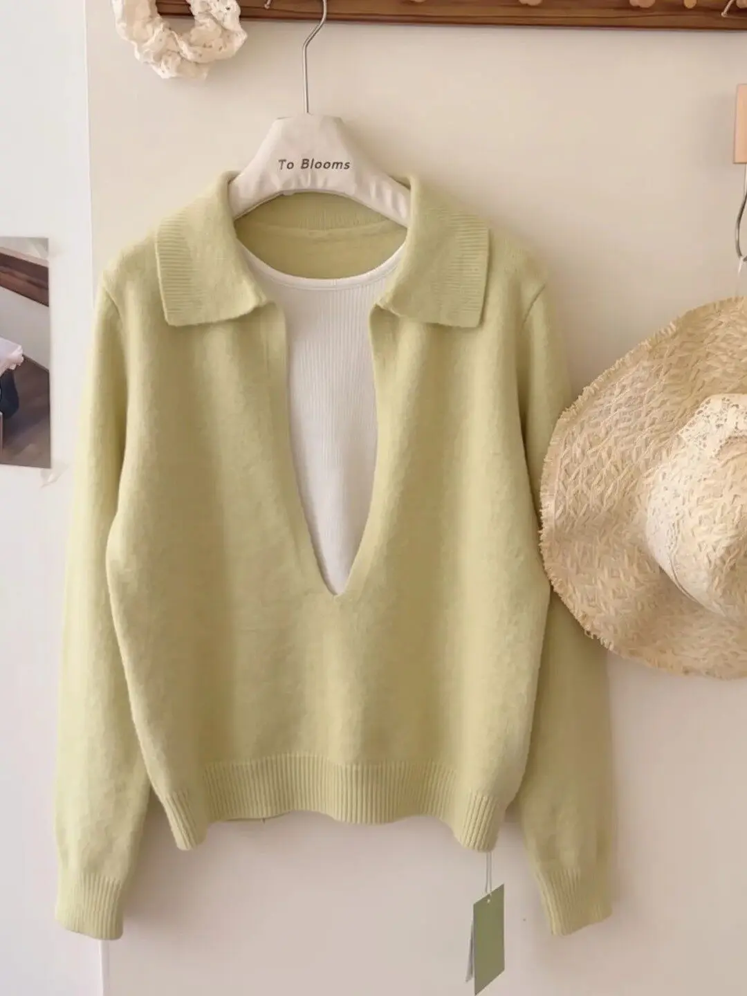 Loose Fit Long Sleeve Knitted Sweater Women's  Collar Patchwork Yellow Autumn Winter Casual Style Fleece Lined Top