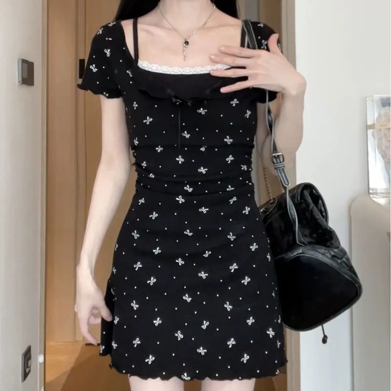 Fake Two Pieces Lace Spliced Mini Long Dress Female Clothing Elegant A-Line Waist Summer Fashion Printed Korean Casual Dresses