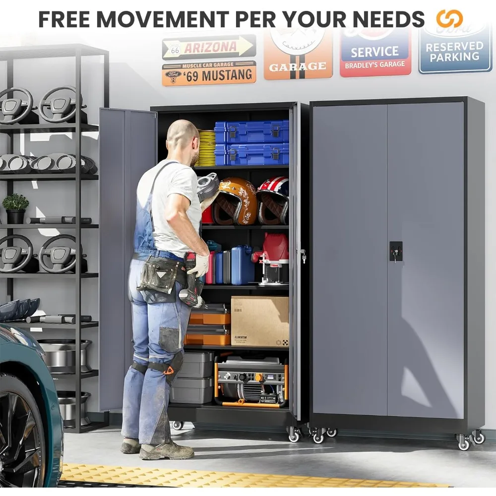 바퀴가 달린 금속 차고 캐비닛, 잠금 장치가 있는 견고한 이동식 보관 캐비닛, 2개의 문과 4개의 선반이 있는 보관 캐비닛