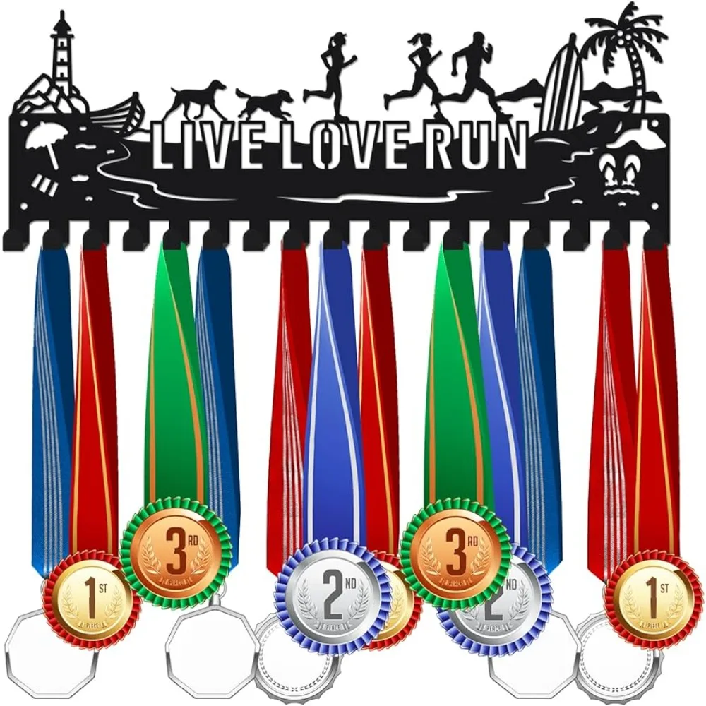 

Running Medal Display Rack Live Love Run Men Women Sports Medal Hanger Display Holder for 50+ Medals Awards 17 Hooks Ribbon