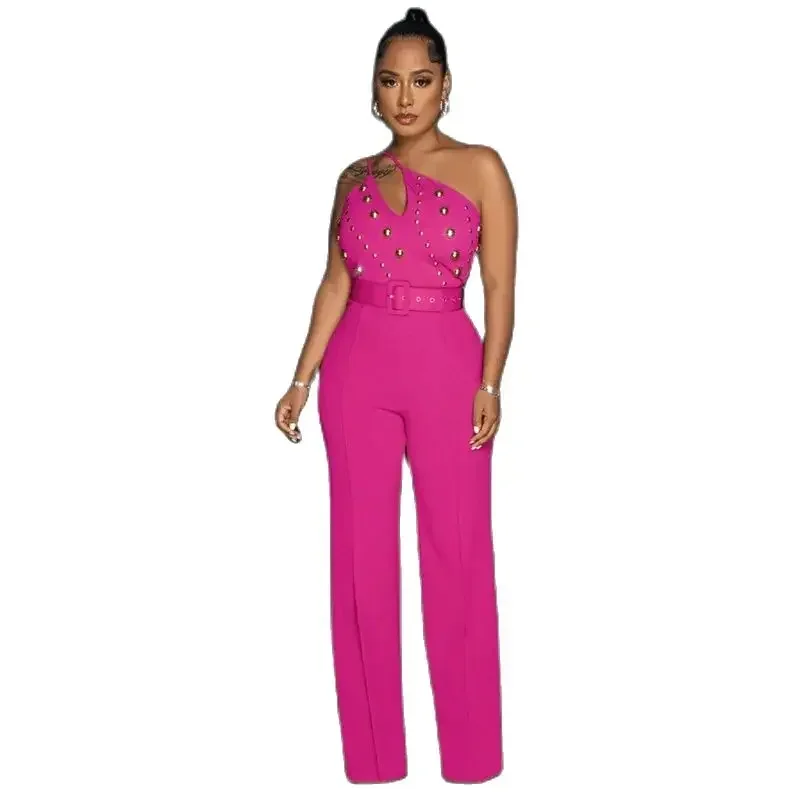 Fashion Slanted Neck Shoulder Straps Jumpsuit Women Round Studs Decoration Rompers Female Backless One-piece Pants Belt Included