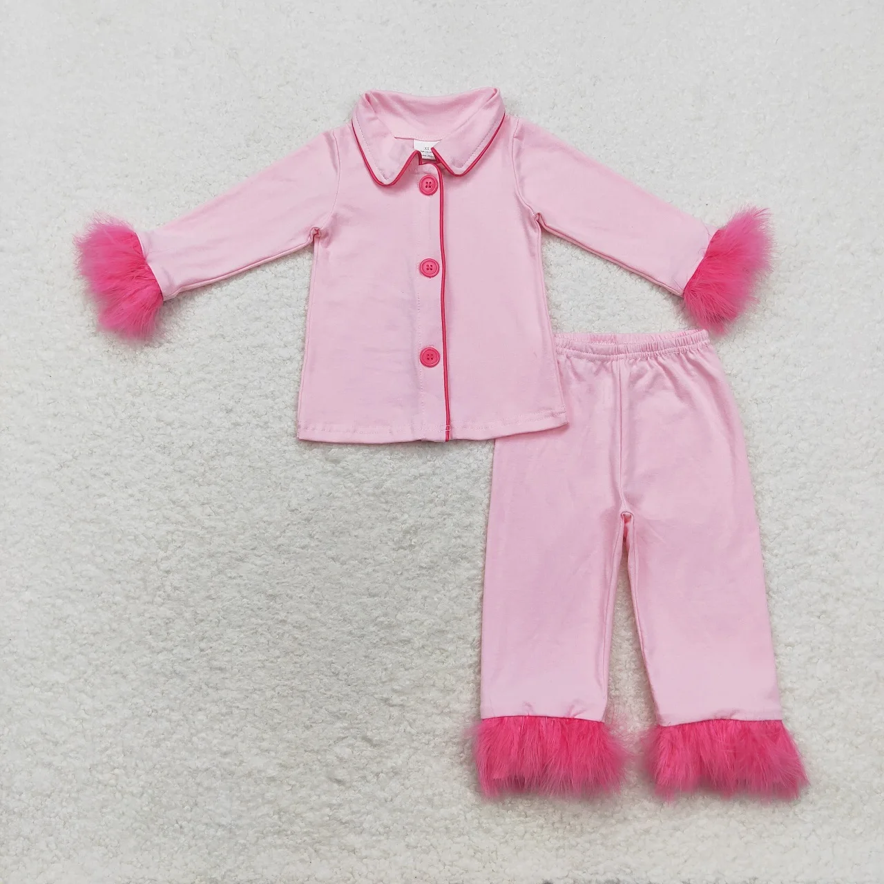 Wholesale Baby Girl Set Sleepwear Fur Long Sleeves Leopard Plaid Buttons Shirt Pants Children Kids Toddler Outfit Pink Pajamas