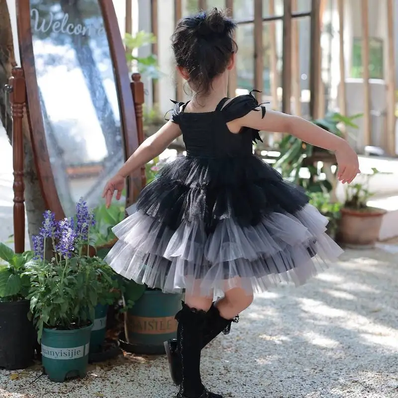 Schwarzes Gothic-Tutu-Kleid für Mädchen mit Flügel-Dekor, Pailletten, ärmellos, Ombre-Layer-Tüll, für Kinder, Halloween, Geburtstag, Party, Prinzessinnenkostüm – Detail 5
