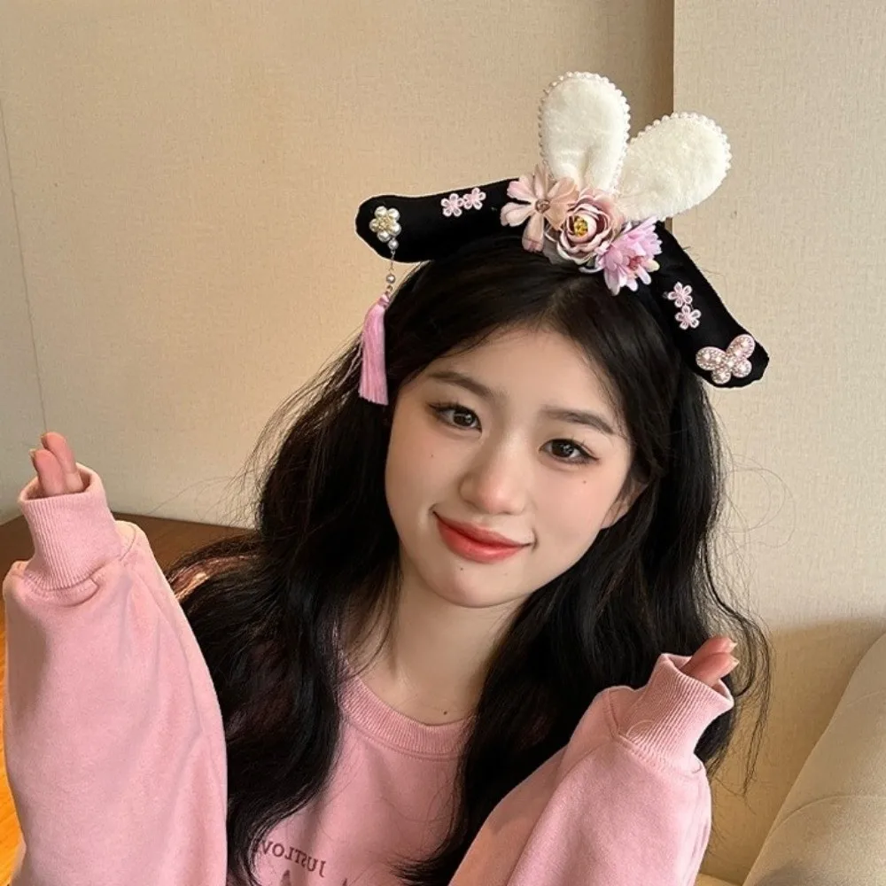 

Retro Rhinestone Ancient Style Headwear Cloth Flower Hanfu Hair Hoop Pearl Antique Chinese Style Headband Girl