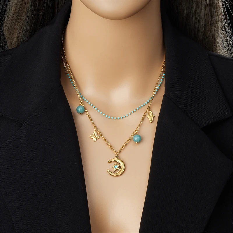 MEYRROYU-collar de doble capa de acero inoxidable 316L para mujer, estrella, Luna, turquesa, personalidad, nueva tendencia, joyería para el cuello, regalo de fiesta