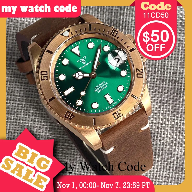 

Tandorio Real Bronze Diver Mechanical Watch Men Sunburst Green Wristwatch NH35 Movt Leather band Vintage Waterproof Lume Clock