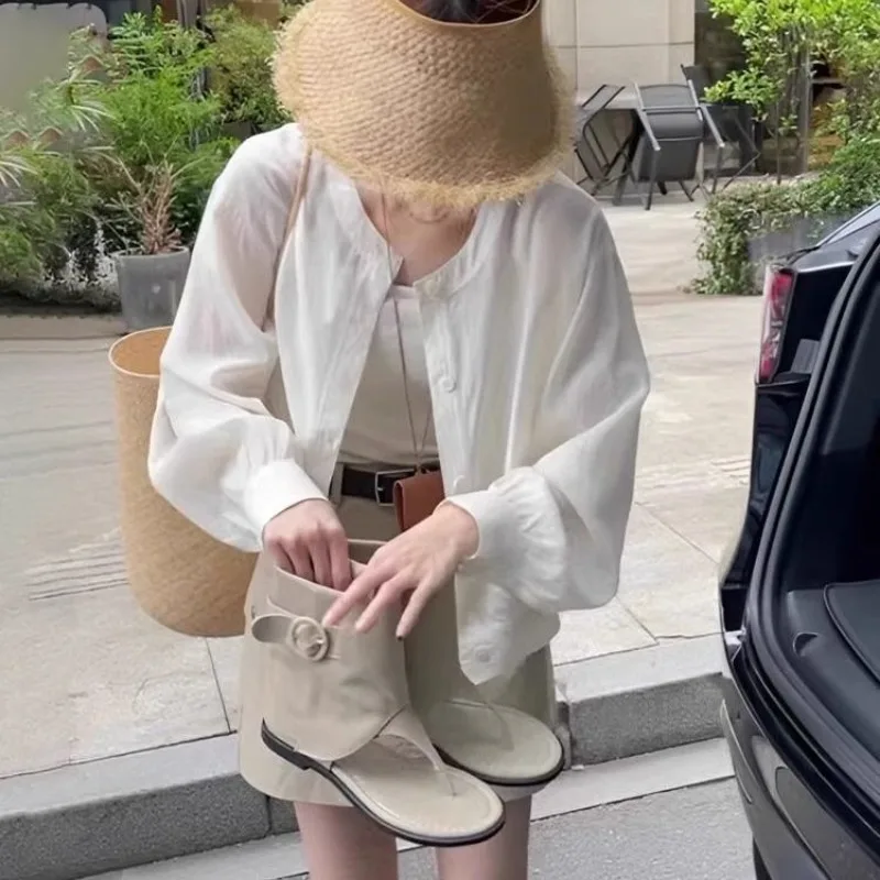 

Women Summer Casual Vacation Loose Thin Solid Color Long Sleeve Cardigan Shirts Ladies Simplicity All-match Temperament Tops