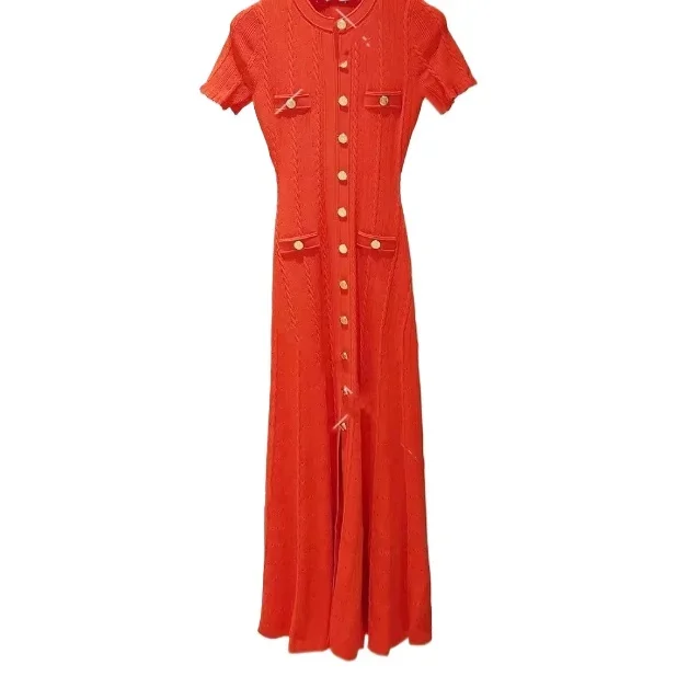 

Woman red knitted dress short sleeve round neck slim fit evening party midi robe