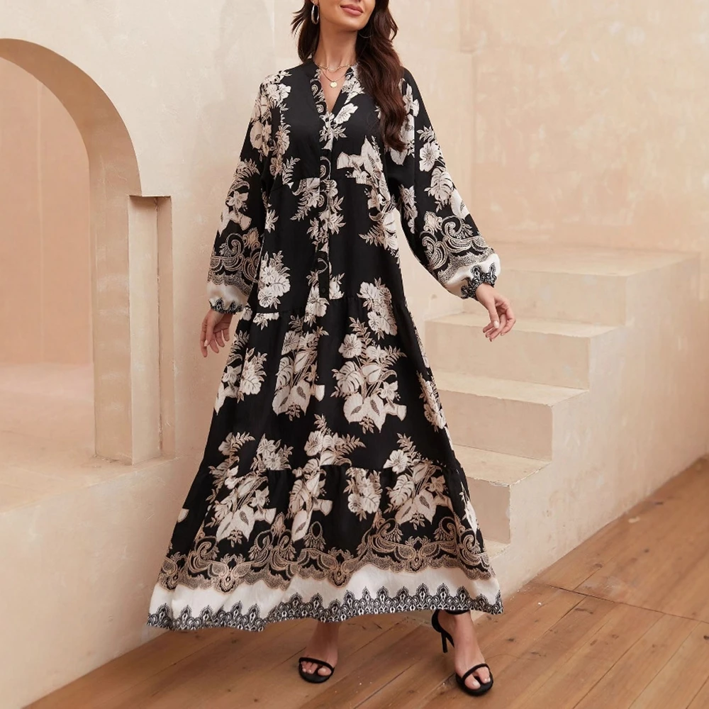 Women's Retro Vintage Full Print Dress Lantern Sleeve V-Neck Loose Fit All Season Vacation Casual Maxi Dress