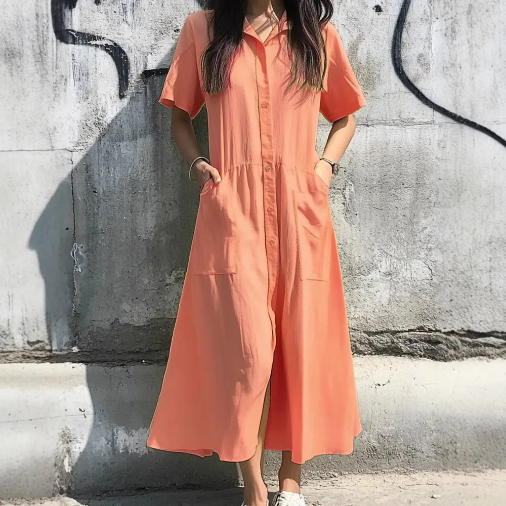 

2025 New Spring Summer Women's Button Casual Pocket Short Sleeve Dress