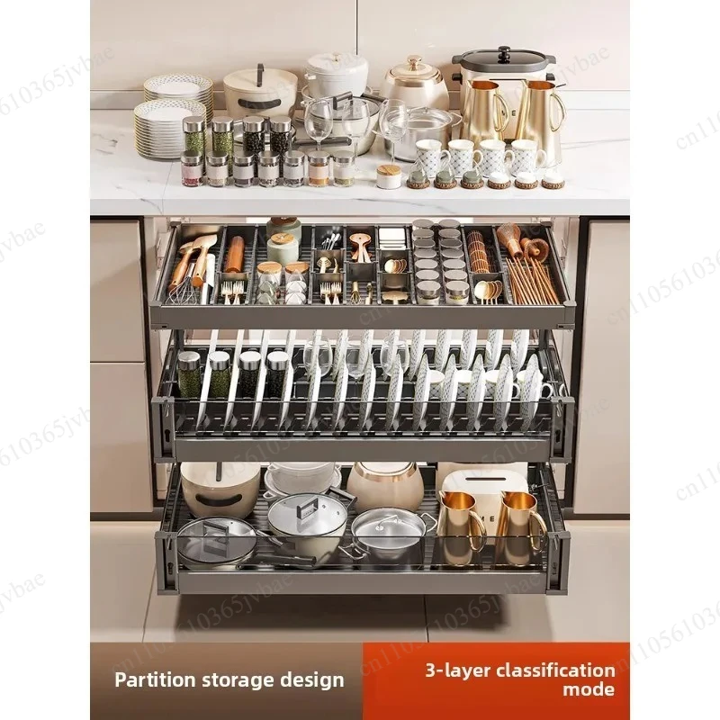 Aluminum Alloy Drawer Pull-out Basket, Layered Storage for Tableware, Efficiently Utilizes Cabinet Space