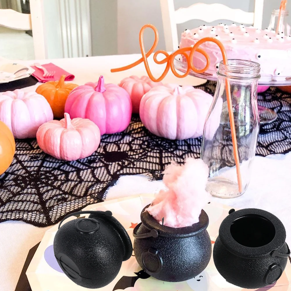 

6pcs Halloween Mini Witch Cauldron Pot Black Buckets Plastic Coins Candy Holder with Handle for Kids Halloween trick or treat