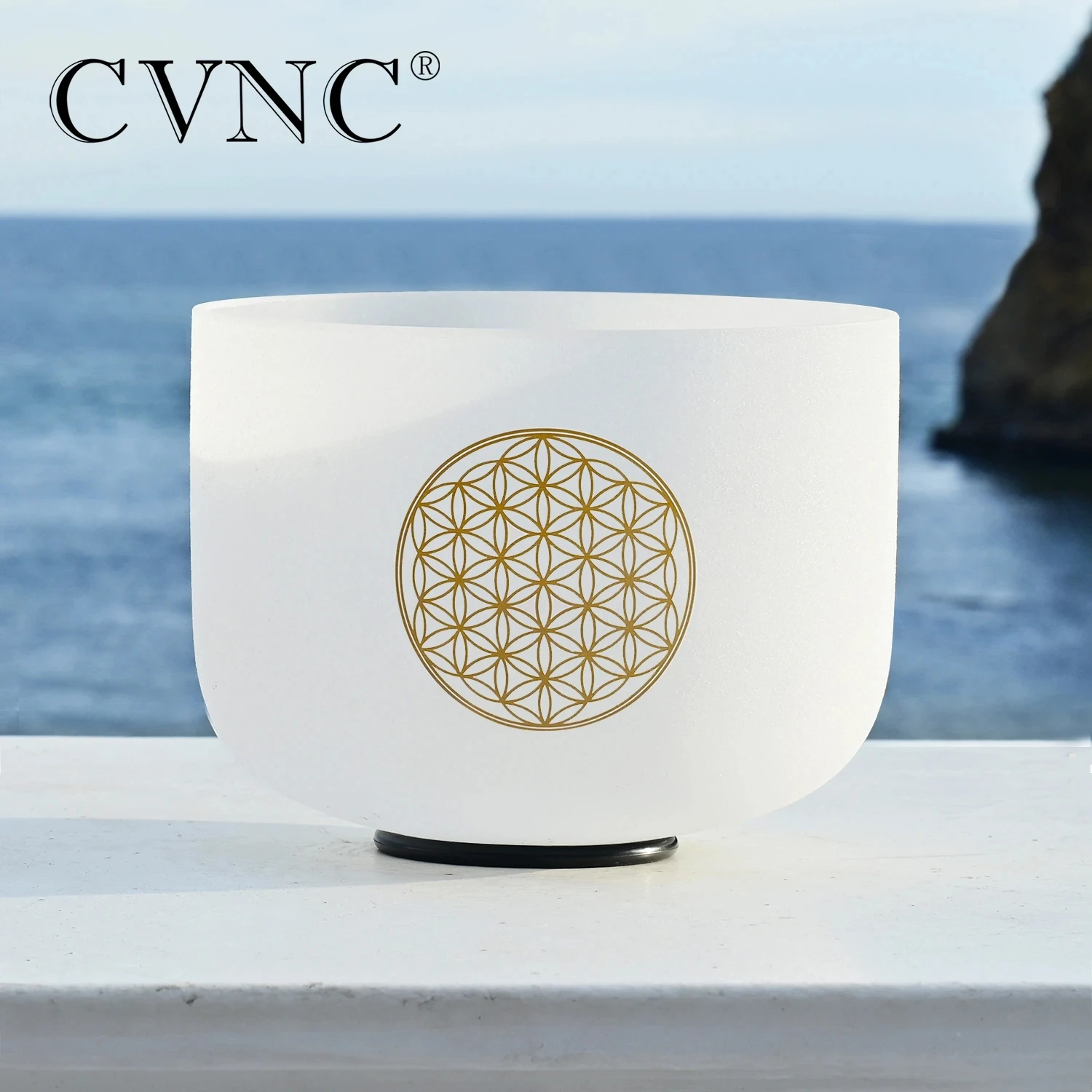 CVNC 528Hz 8 Inch C Note Life Flower Design Chakra Frosted Quartz Crystal Singing Bowl for Sound Healing with Free Mallet