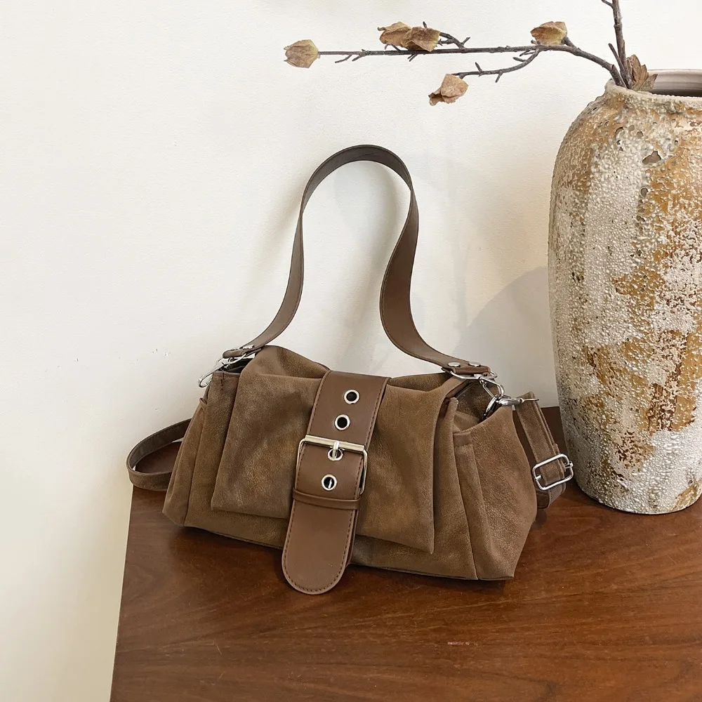 Vintage with Wide Leather Strap Shoulder Bag Large Capacity Faux Suede Underarm Bag Y2k Women Handbag Women