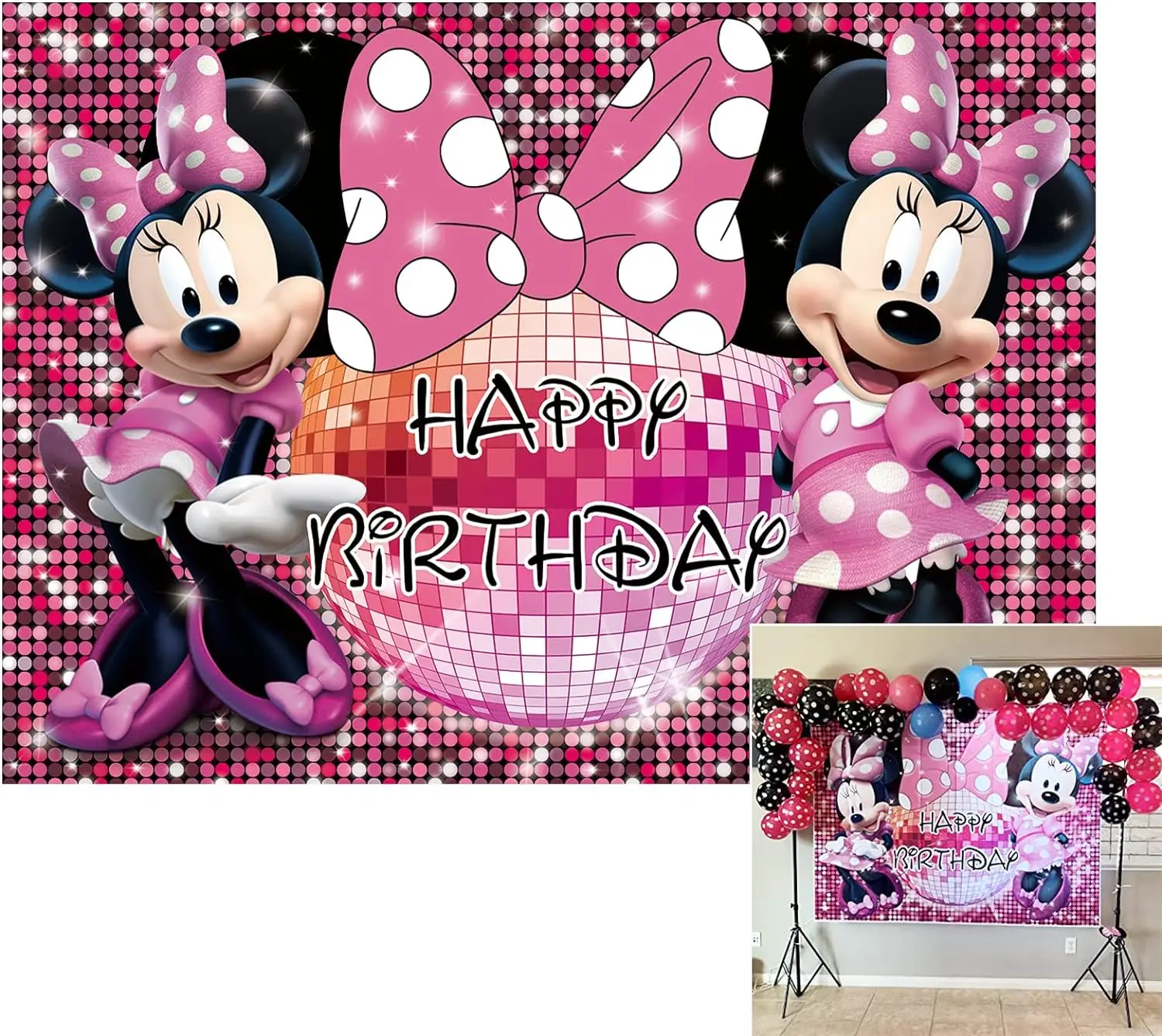 

Pink Minnie Mouse Party Photography Backdrop Girls 1st Birthday Glitters Background Decoration Banner Photo Studio Prop Custom