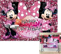 Pink Minnie Mouse Party Photography Backdrop Girls 1st Birthday Glitters Background Decoration Banner Photo Studio Prop Custom