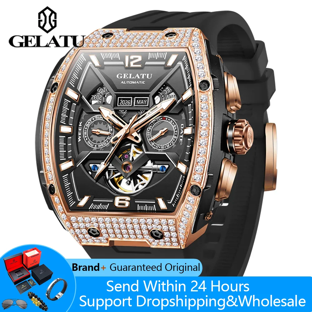 

GELATU 6016, мужские часы с бриллиантами, полые мужские механические наручные часы, роскошные водонепроницаемые часы с автоматической датой, глубокие водонепроницаемые часы для мужчин, силиконовый ремешок