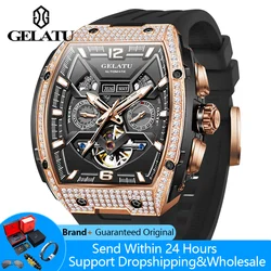 GELATU 6016 Men's Watch Diamond Hollow Man Mechanical Wristwatch Luxury Auto Date Deep Waterproof Watch For Men Silicone Strap