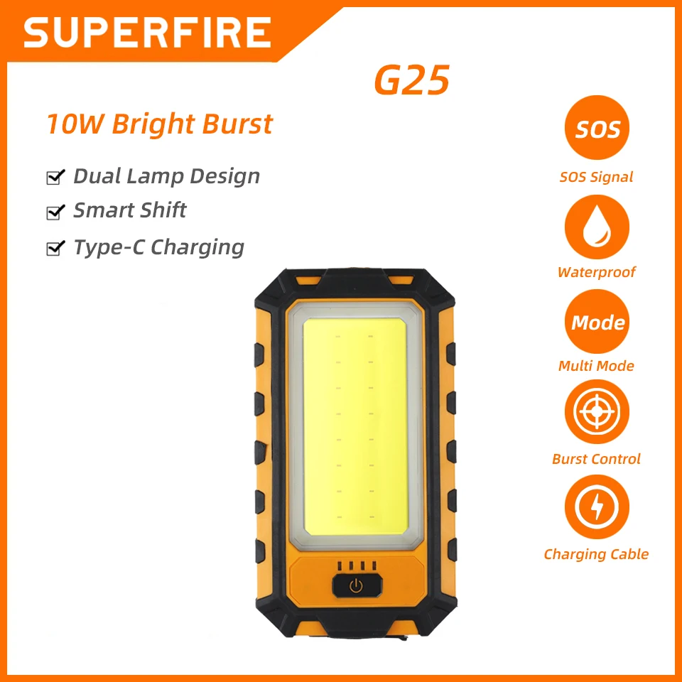 

SUPERFIRE G25 Work Light COB Flashlight with Magnet Power Bank, USB C Chargable Waterproof Torch for Emergency Maintenance Light