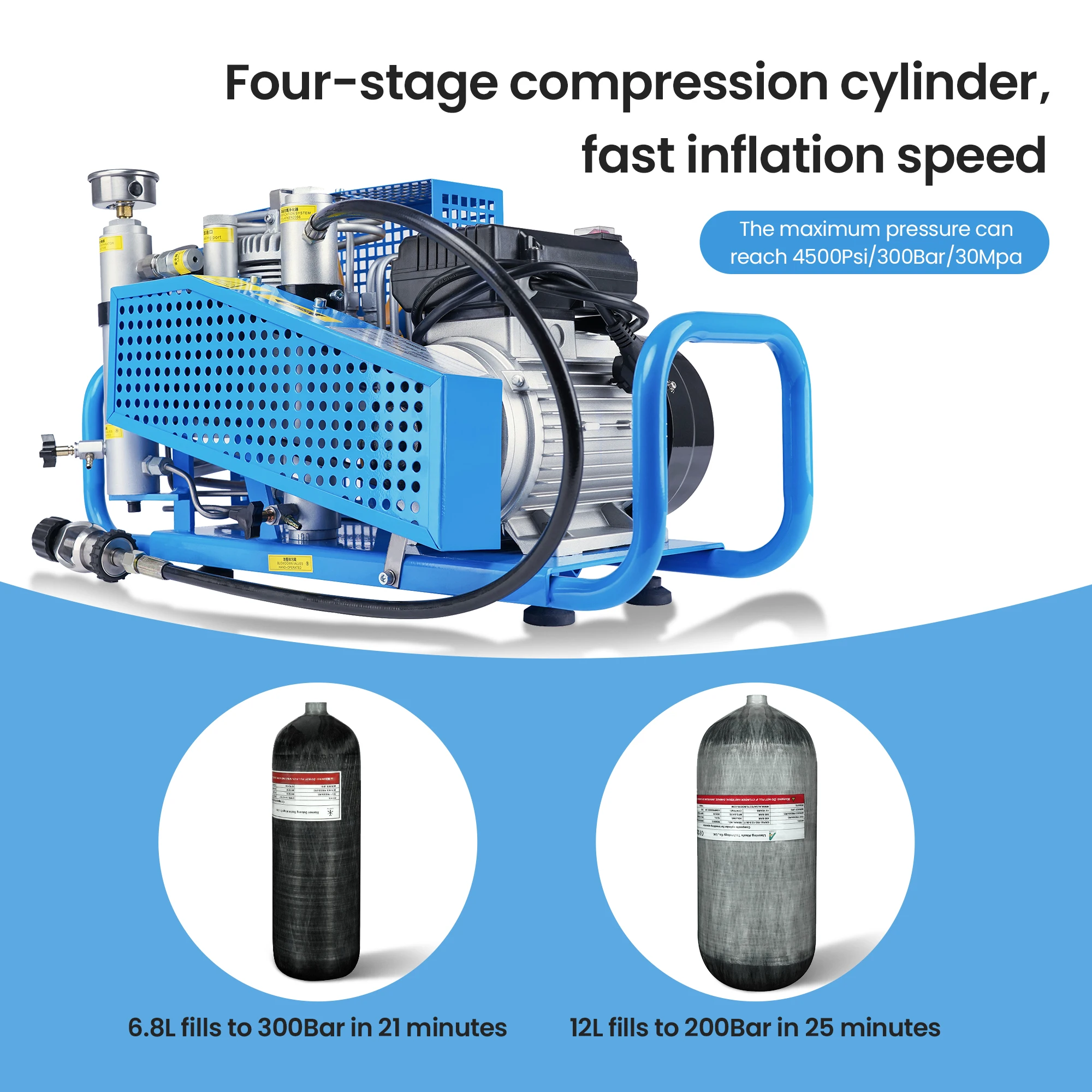 TUXING 4500Psi Auto Stop PCP Air Compressor 300Bar High Pressure Diving Compressor with Scuba Breathing Snorkeling Fire Fighting