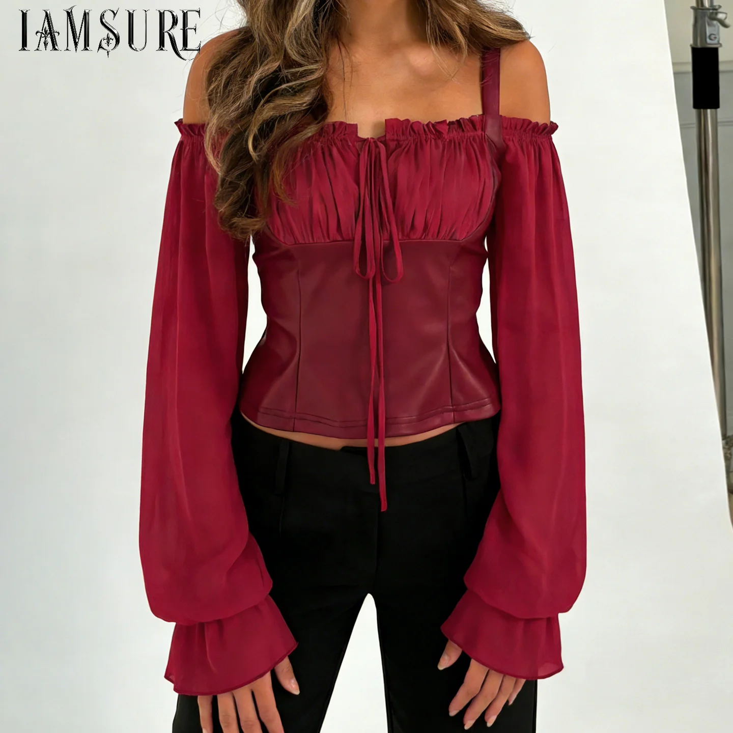 Women’s Burgundy Off Shoulder Long Sleeve Tops Elegant Ruffled Neck Blouse Slim Fit PU Leather Bodice Romantic Balloon Sleeves