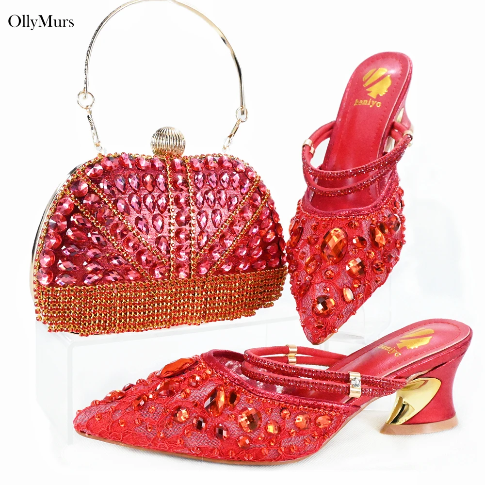 

Summer Fashion Rhinestones Pointed Toe Shoes And Matching Bags Set New Italian Shoes And Bags Set For Wedding Size 38-42