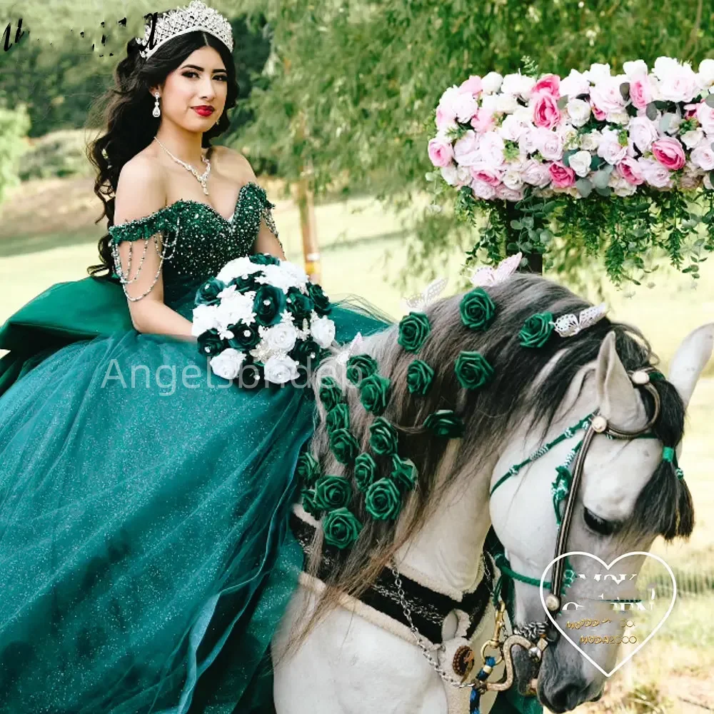 Angelsbridep ชุดเดรสชุดไปงานเต้นรำควินเซเนีย2025สีเขียวมรกตชุดเดรส Vestidos de 15 Quinceañera ประดับด้วยชุดเดรสปาร์ตี้ประดับด้วยโบว์