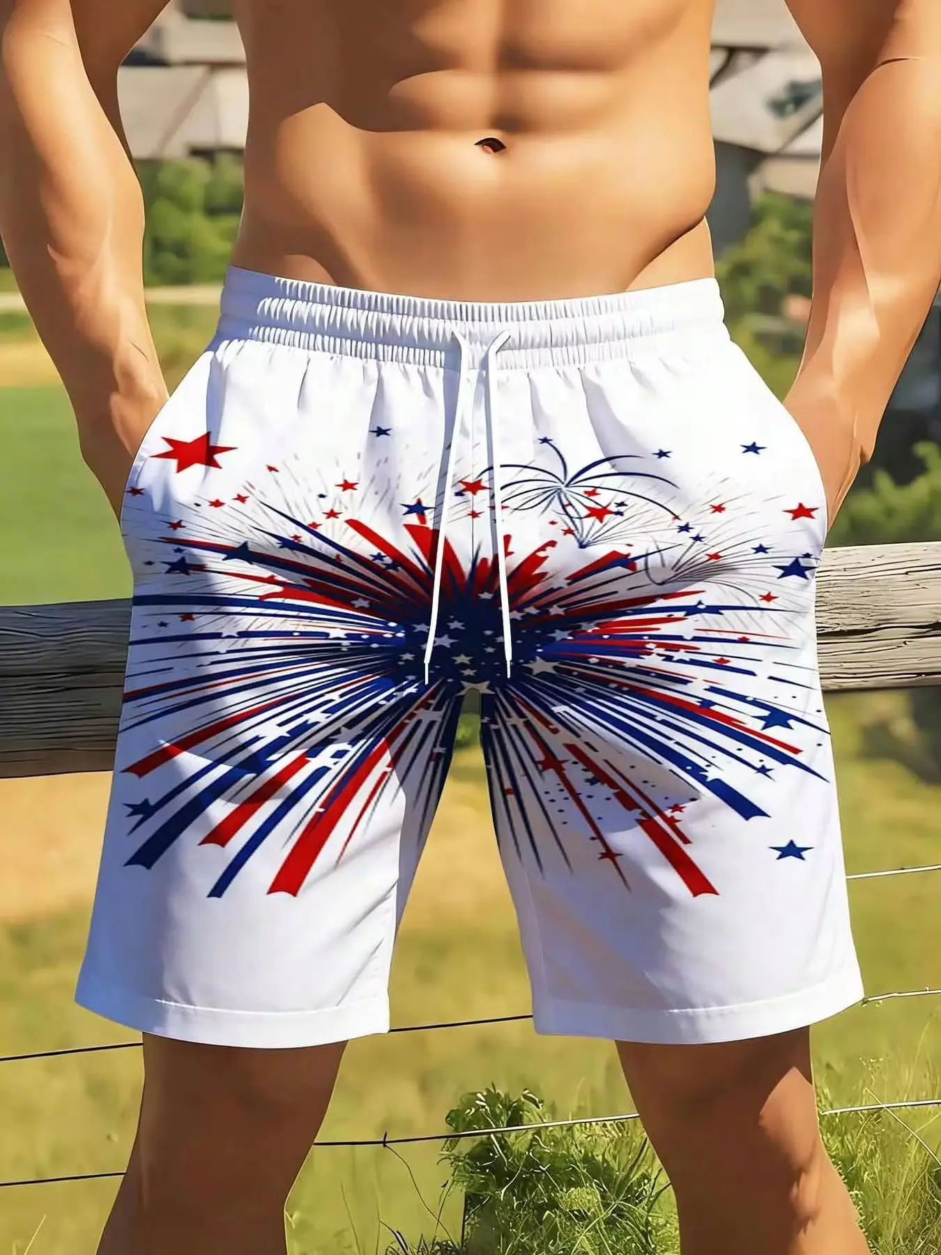 

Men's Patriotic Fireworks Print Swim Trunks Quick Dry Beach Shorts For 4th Of July Independence Day Summer Vacation[Plus-Size; Suitable For