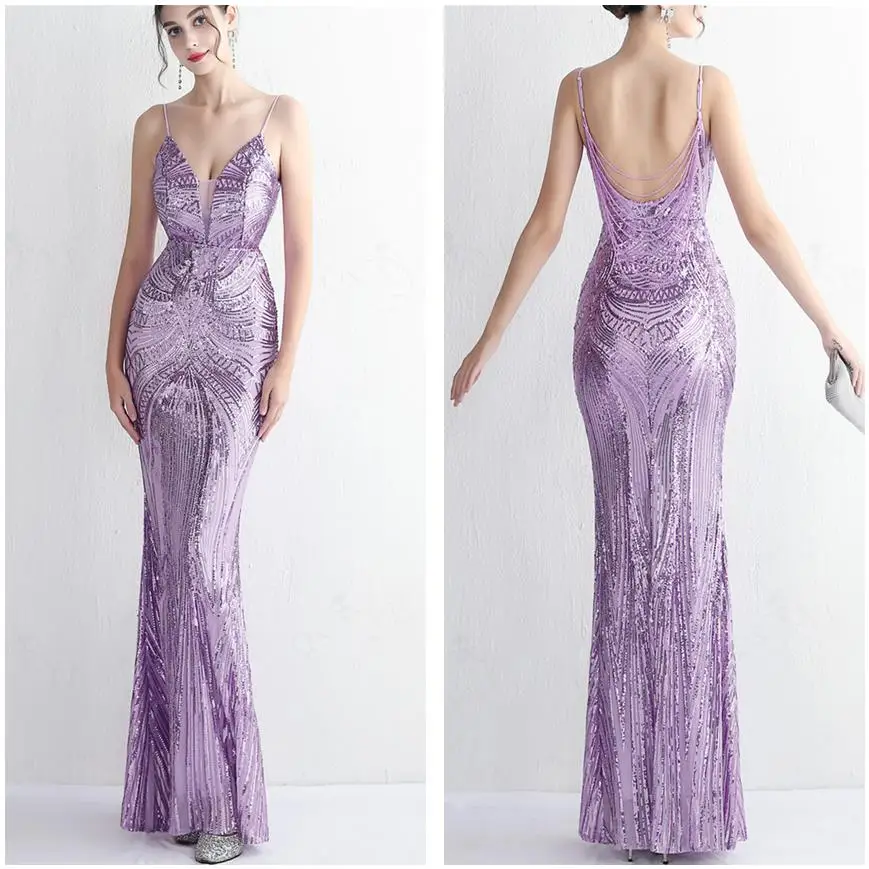 

Purple Sequin Prom Dresses Mermaid Open Back Drop Beading Straps Pattern Lace Evening Gown Spaghetti Straps V Neck Formal Dress