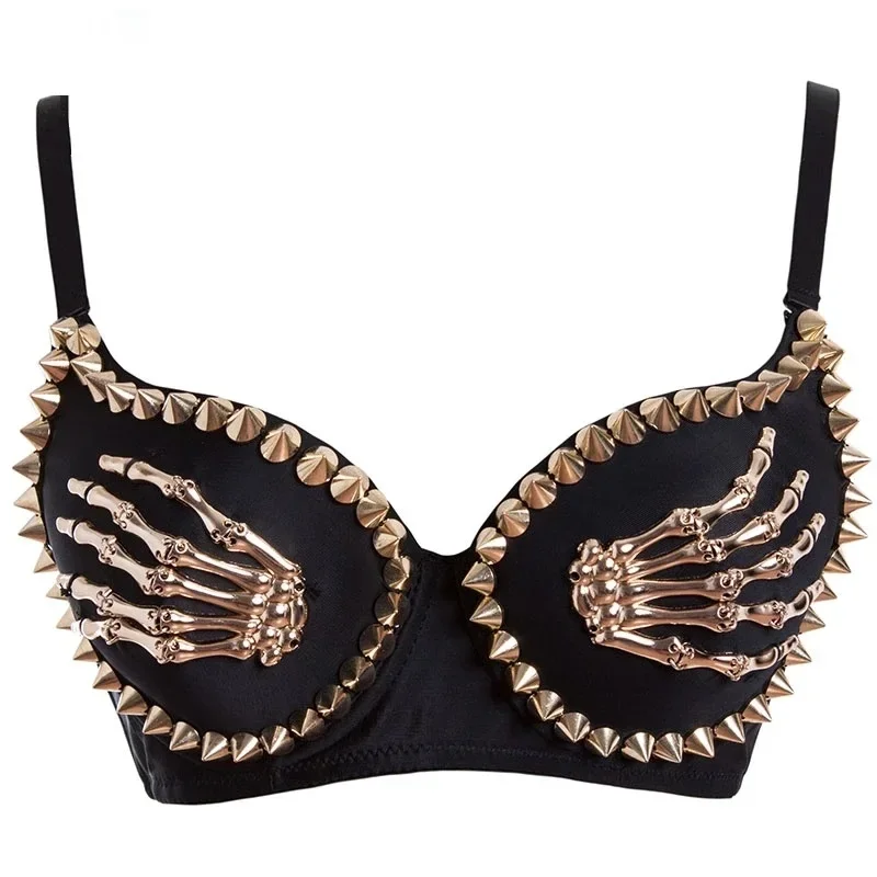 

B Cup Metal Skeleton Studded Punk Bralette Lingerie Gothic Bra Top For Women Sexy Push Up Brassiere Nightclub Party Bar