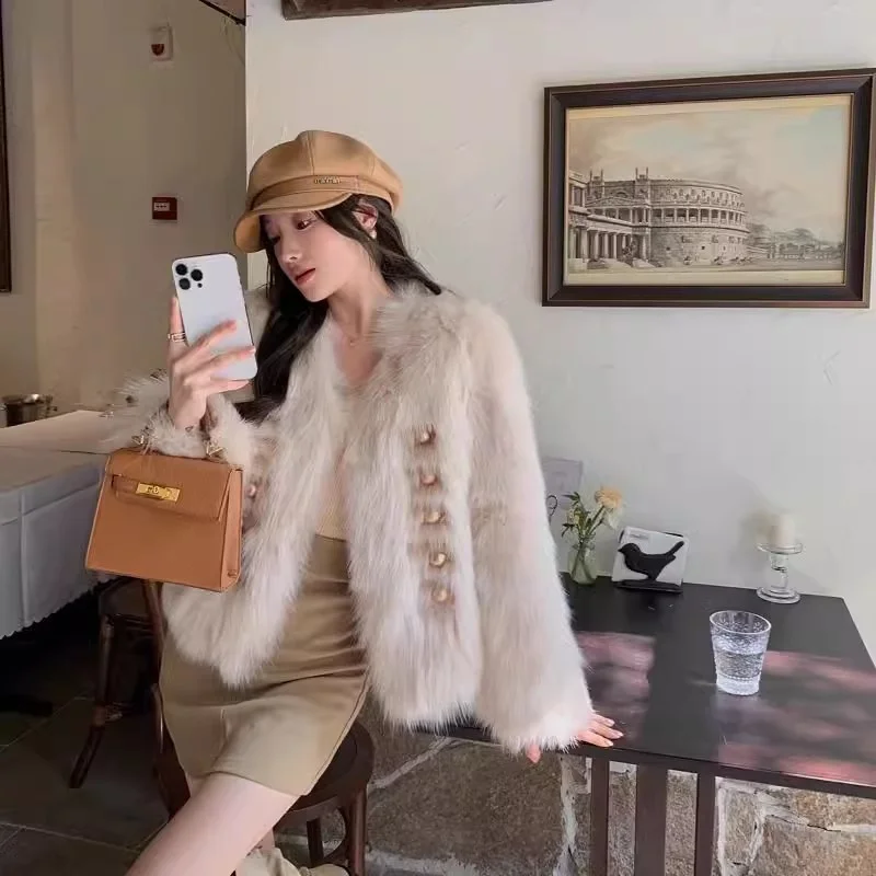 Imitation Fox Fur Fur Coat For Women's Short 2024 British Aristocratic Style New Fur Integrated Fur Coat Loose Warm Coat Female