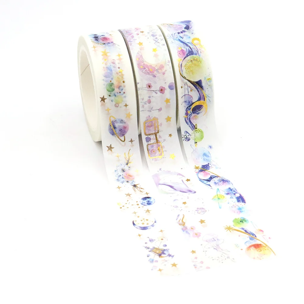 1PC 15mm x 10m Gold Foil Moon Stars Planet Designs Colourful tape Sticky Adhesive Stationery Office Supplies Washi Tape