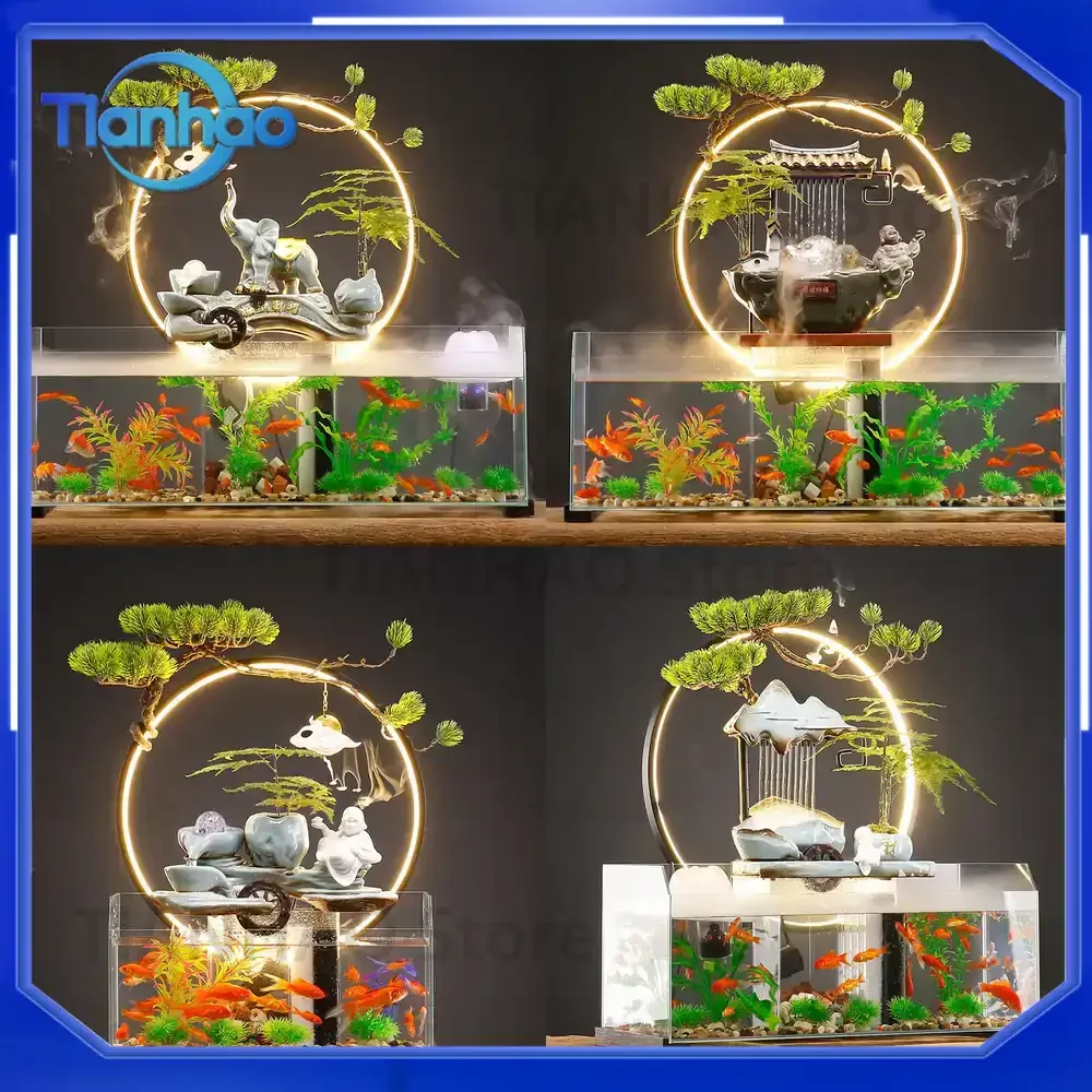 For Home Decor Circular Water Ecosystem Glass Goldfish Tank Rectangular Desktop Aquarium for Living Room TV Stand Ceramic