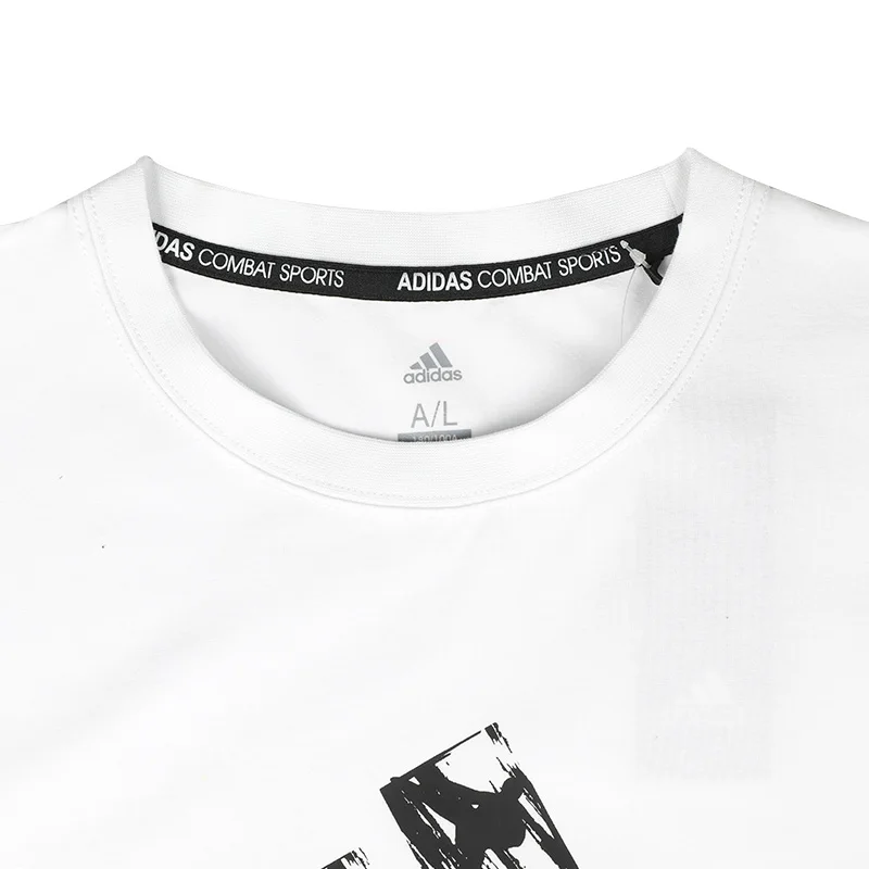 Adidas White Short - Sleeve T - Shirt with Distressed Black Brand Logo and Text for Casual and Sports Wear