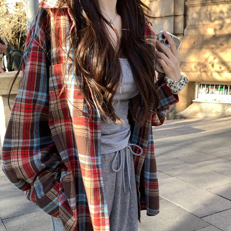 Plaid Shirts for Women Vintage Classic British Street Fashion Autumn Winter College Baggy Casual Long Sleeve Jacket Sweet Teens