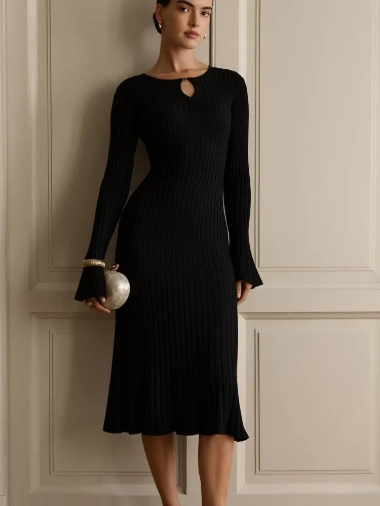 

Elegant Flared-Sleeve Knit Maxi Dress Solid Stripes Wrinkles Slim High Waist Commute Party Dress Women's Knit Maxi Dress