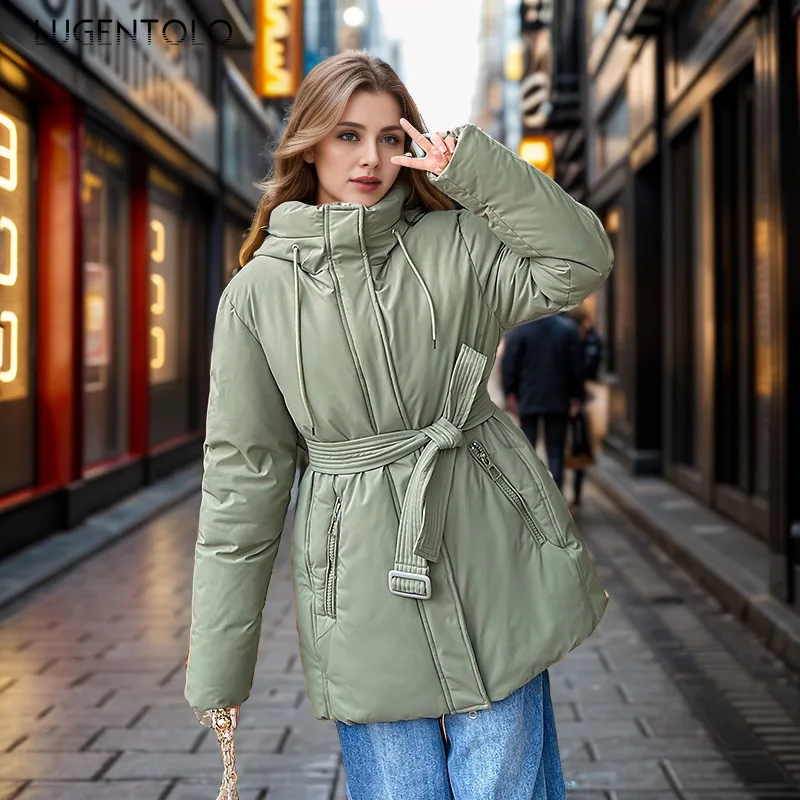 Women Casual Parkas Mid Length Thickened Down Cotton Thermal Jacket Fashion Lace-up Cinched Waist Hooded Coat Elegant Party Wear