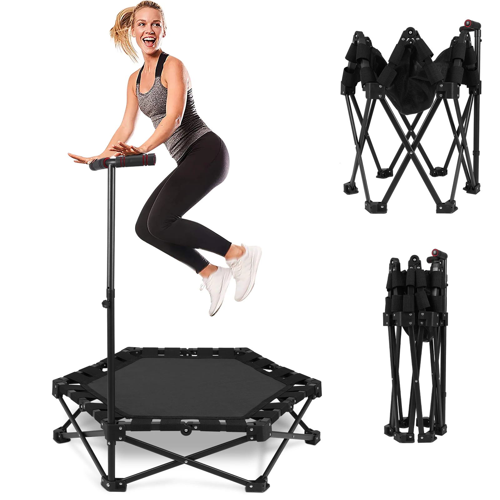 

Adjustable T-Bar Trampoline with Handle One-Step Fold & Open Indoor & Outdoor Workout Portable Exercising Trampoline