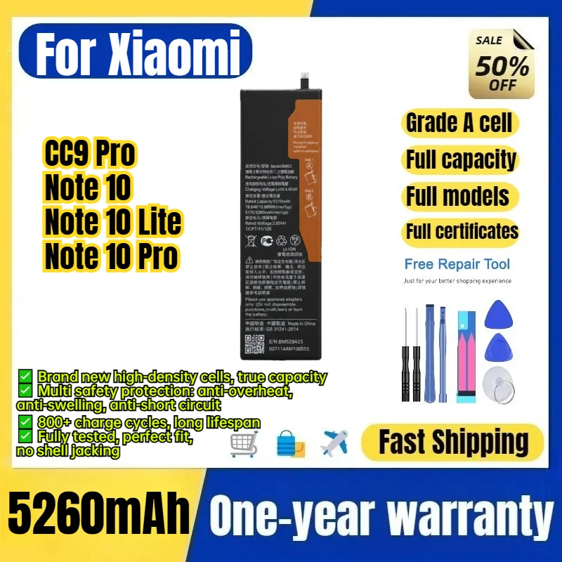 BM52 for Xiaomi CC9 Pro/Note 10/Note 10 Lite/Note 10 Pro Phone Battery 0 Cycle High Capacity Battery Replacement Bateria  Tools