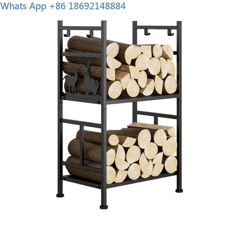 Iron Double-Layer Firewood Rack American Style Log Storage Rack Indoor and Outdoor Fireplace Wood Rack with Adjustable Pad