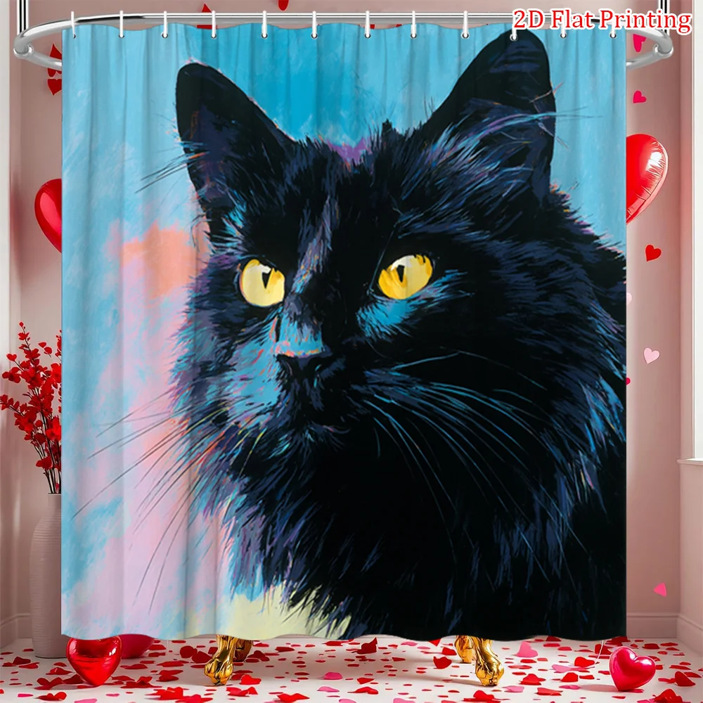 Artistic Black Cat Shower Curtain 1pc – Painted Style with Vibrant Colors, Cute Pet-Themed Bath Curtain for Home and Cat Lovers