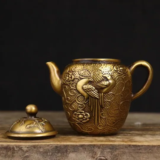 Pure brass teapot, peacock handle teapot, tea set, metal handicraft, office tabletop wine pot