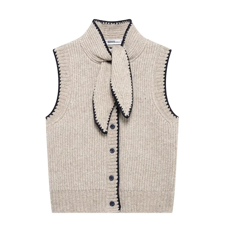 TRAF Women's Bow Decoration Knit Waistcoat Fashion Stand Collar Sleeveless Sweaters Vintage Female Vests Chic Tops